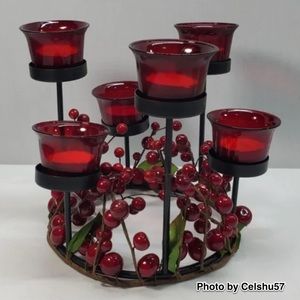 NIB Tealight Candle Holder Set w/ Faux Cranberries Christmas Holiday